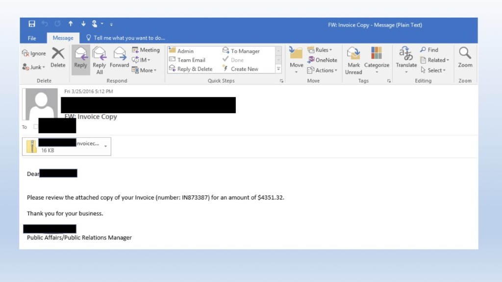 透過電郵發出Locky攻擊，主旨用上「invoice」等字，令用戶方下戒心，或誤以為客戶來自客戶的發票，好奇付款內容，打開附件。